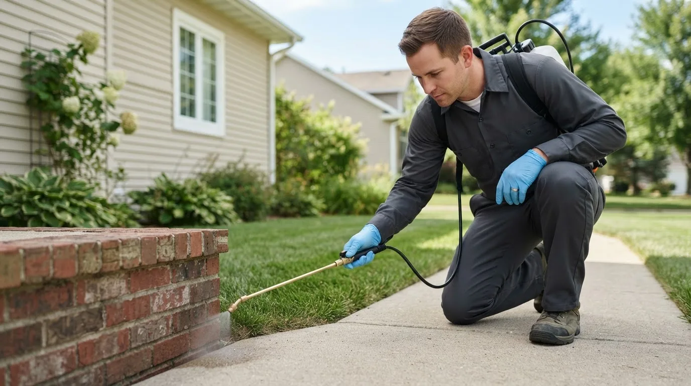 Pest control technician treating a home near West Liberty, IL