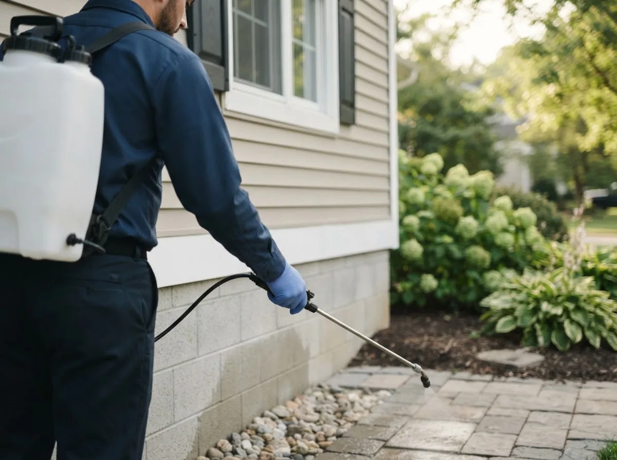 Pest control technician inspecting a home in West Liberty, IL